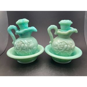 2 Pairs of Vintage Avon Green Jadeite Bubble Bath Pitchers and Bowls/Soap Dishes